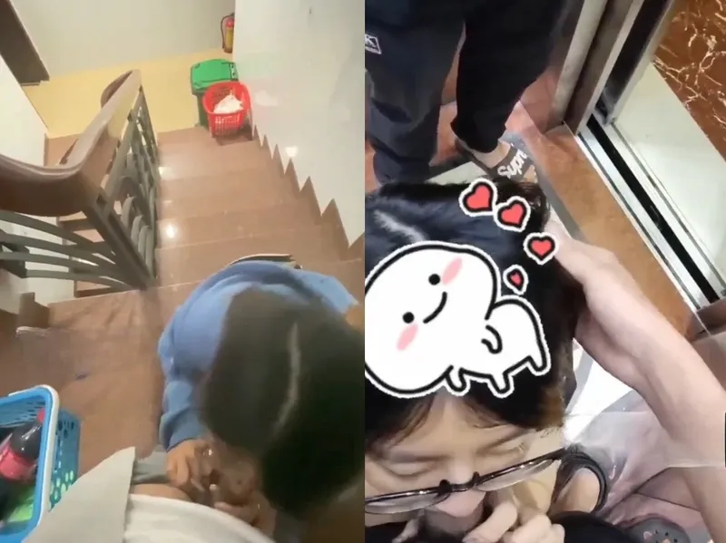 Em đang mút cò thì thang máy có người vào, vừa hồi hộp vừa nứng